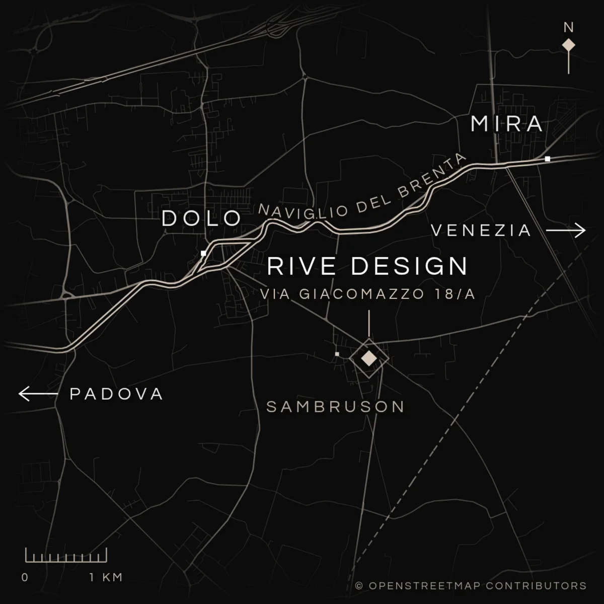 Contatti Rive Design: mappa disegnata della Riviera del Brenta, fra Padova e Venezia, con il laboratorio di tappezzeria a Sambruson di Dolo