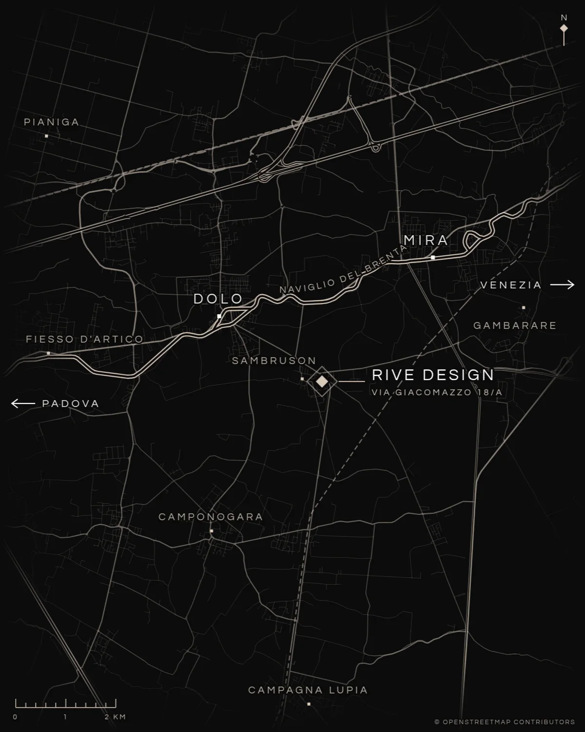 Contatti Rive Design: mappa disegnata della Riviera del Brenta, fra Padova e Venezia, con il laboratorio di tappezzeria a Sambruson di Dolo