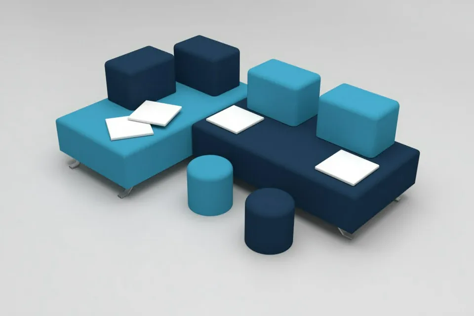 Il metodo Rive Design: progetto 3D di un divano componibile blu e azzurro con pouf, prima della produzione